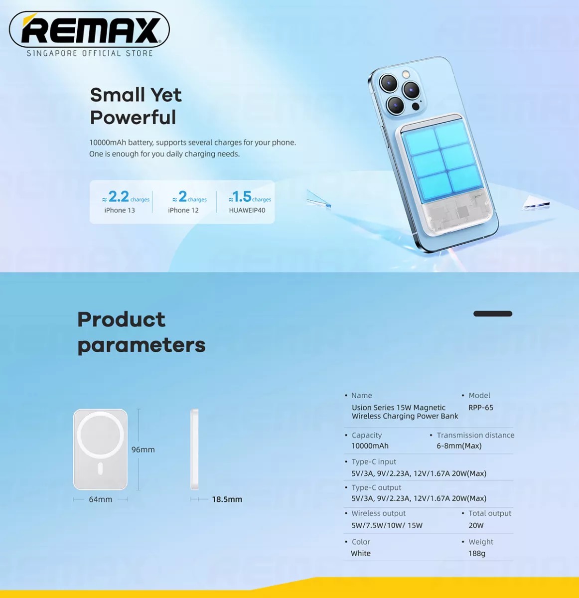 Sạc dự phòng không dây từ tính Remax RPP-65, 10000mAH hỗ trợ sạc nhanh PD20W - Hàng Chính Hãng