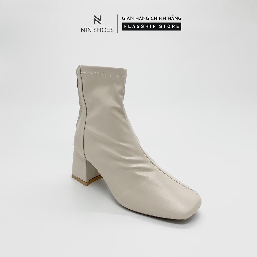 Giày boot nữ da cổ cao 5p gót vuông kéo khóa sau Ninshoes