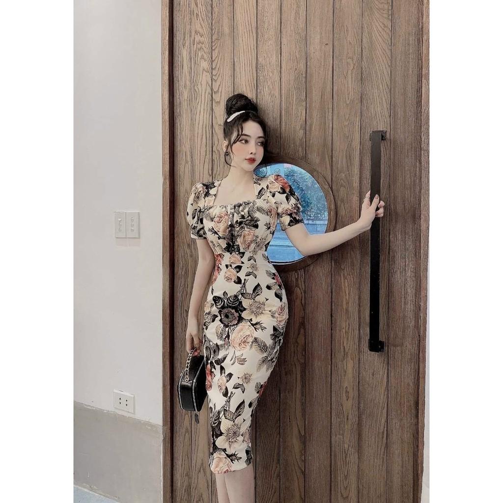 Đầm body họa tiết in hoa 3D nhún ngực xinh lung linh kèm hình thật
