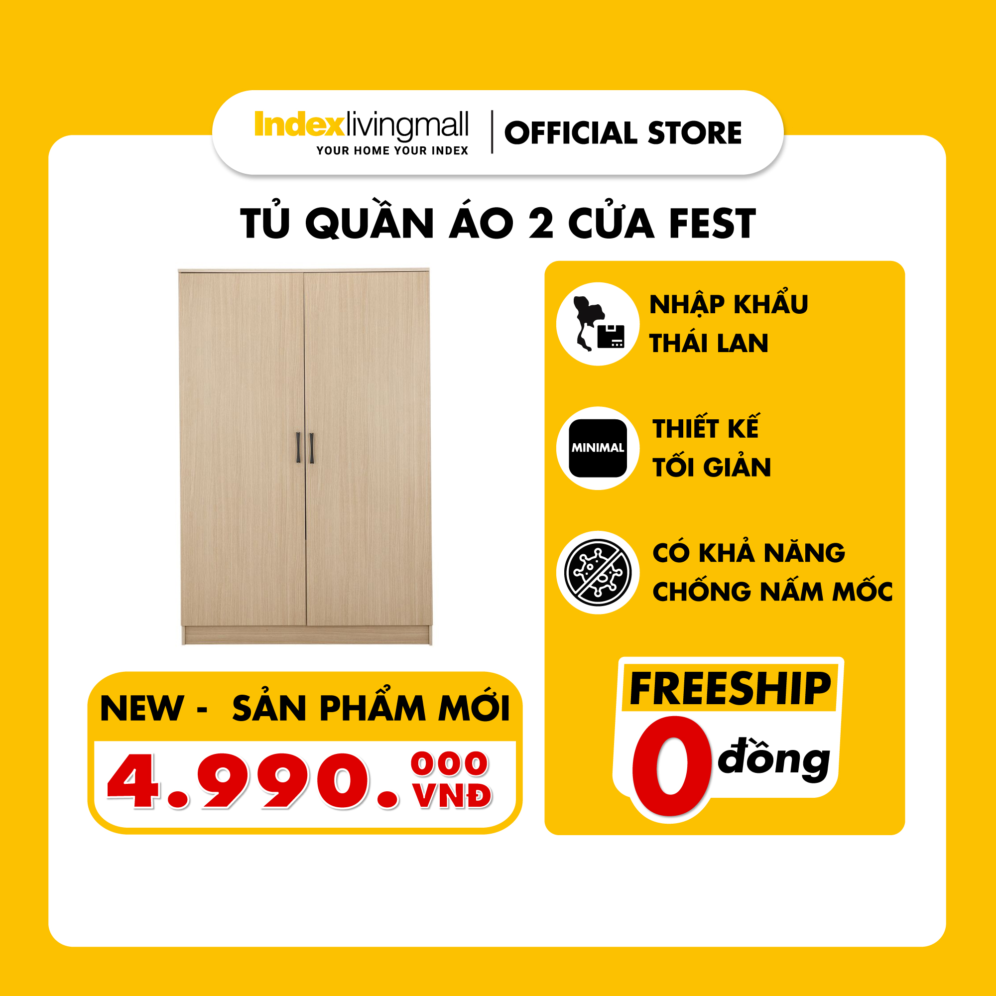 Tủ quần áo 2 cánh Fest 1m2 Gỗ Công Nghiệp cao cấp chống ẩm Màu gỗ tự nhiên | Index Living Mall - Phân phối độc quyền tại Việt Nam | Nhập khẩu Thái Lan