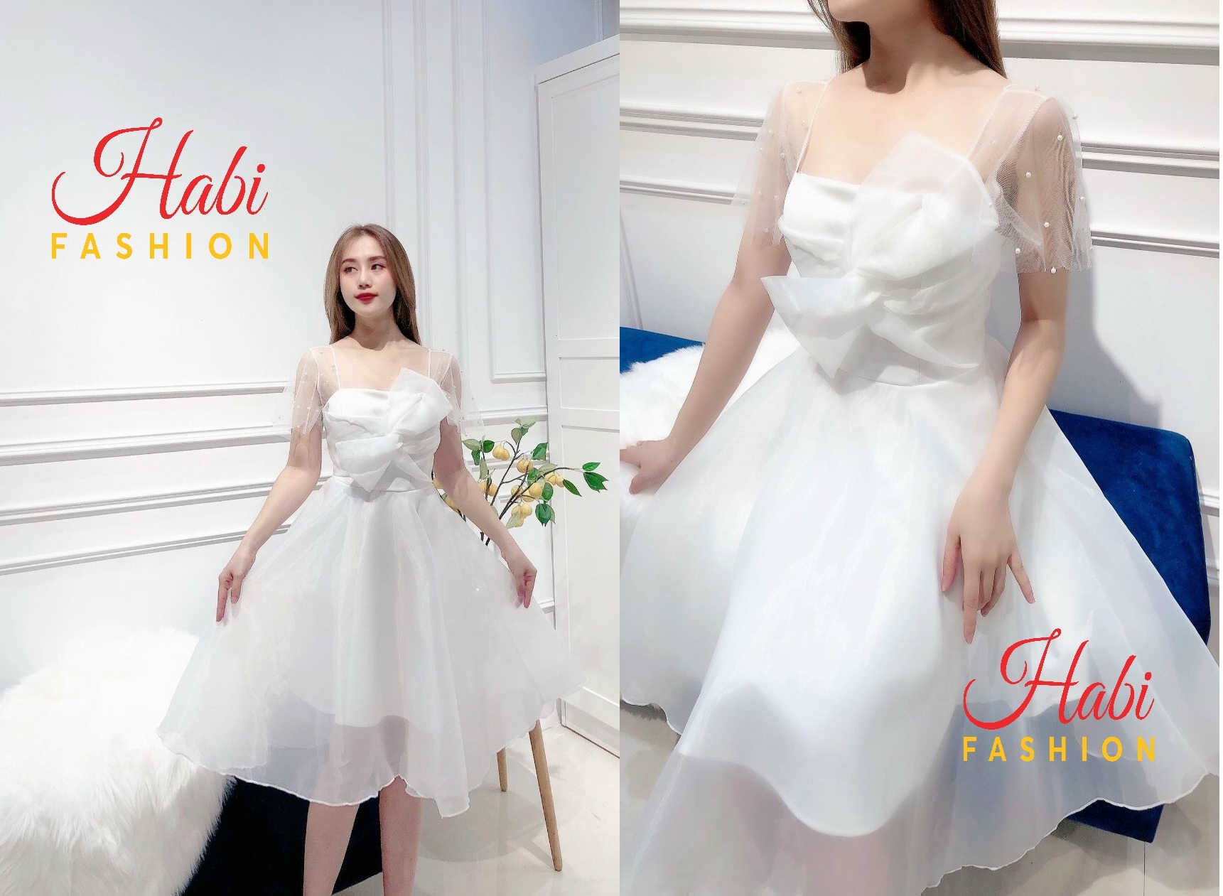 Đầm trắng công chúa nơ ngực dự tiệc, kỷ yếu, sinh nhật, đi cưới... xinh xỉu tay lưới ngọc có mút ngực