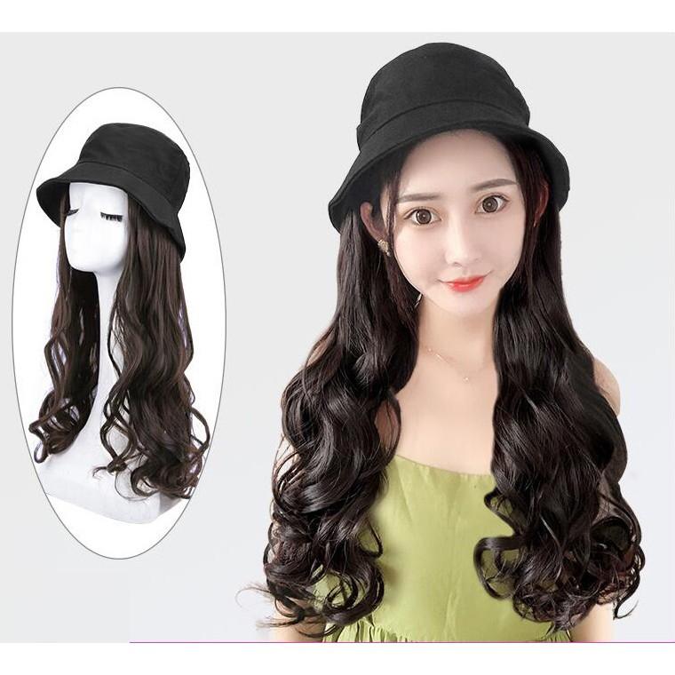 Tóc giả gắn mũ tai bèo đen xoăn dài