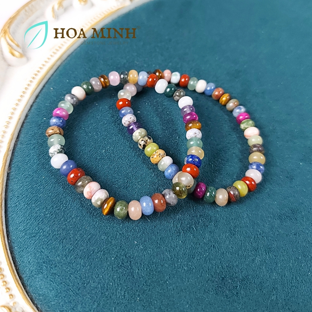 Vòng tay phong thủy kiểu bánh xe hạt 6.4 li ngũ hành đủ loại đá Lapis Lazuli thanh kim, Chalcedony, Thạch anh, Ngọc jasper không kén mệnh