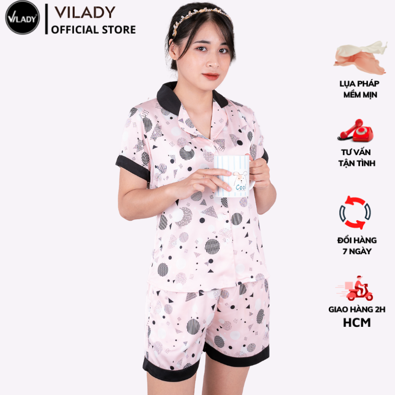 Đồ bộ pijama lụa, đồ mặc nhà nữ Vilady - B137  kiểu đồ bộ ngắn họa tiết hình học siêu dễ thương, chất liêu lụa Pháp ( lụa latin) cao cấp - Màu hồng