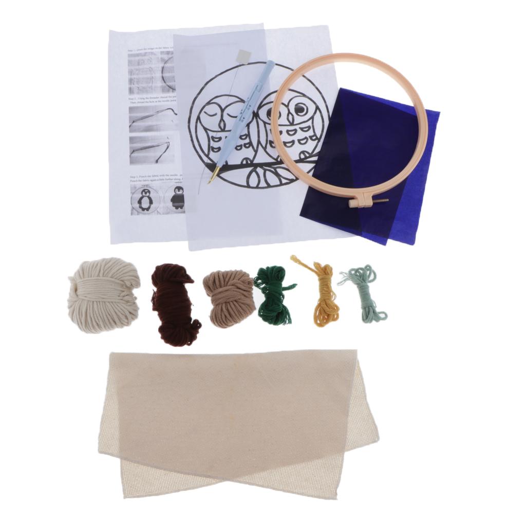 2pcs Cute Animal Owl Punch Needle Kits Hoop Soft Yarn DIY Needlework Set