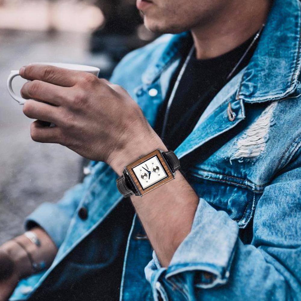 Đồng hồ Vỏ gỗ & dây da Hiển thị thời gian & lịch dạ quang Chức năng đồng hồ bấm giờ REDEAR Men