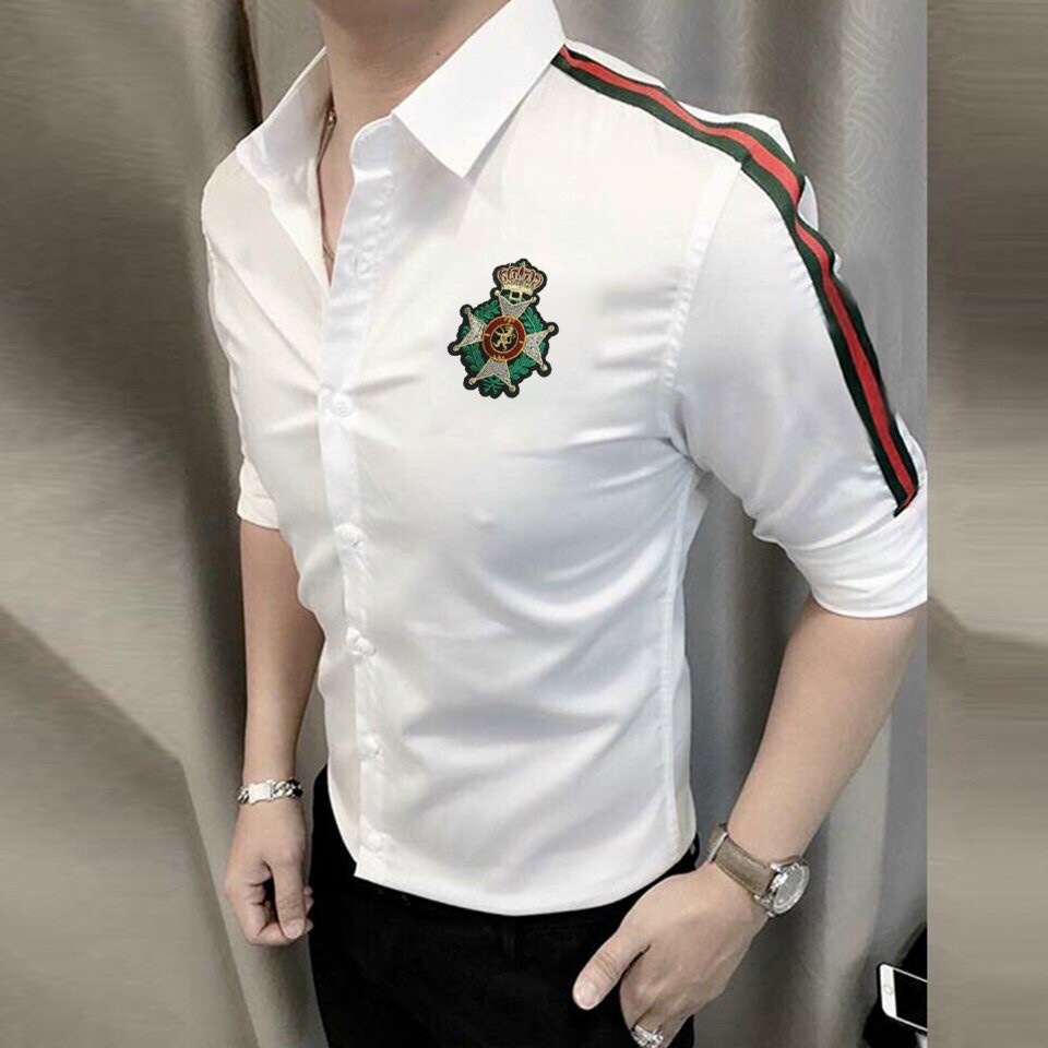 Sơ mi nam viền vai xanh đỏ họa tiết vương niệm thời trang
