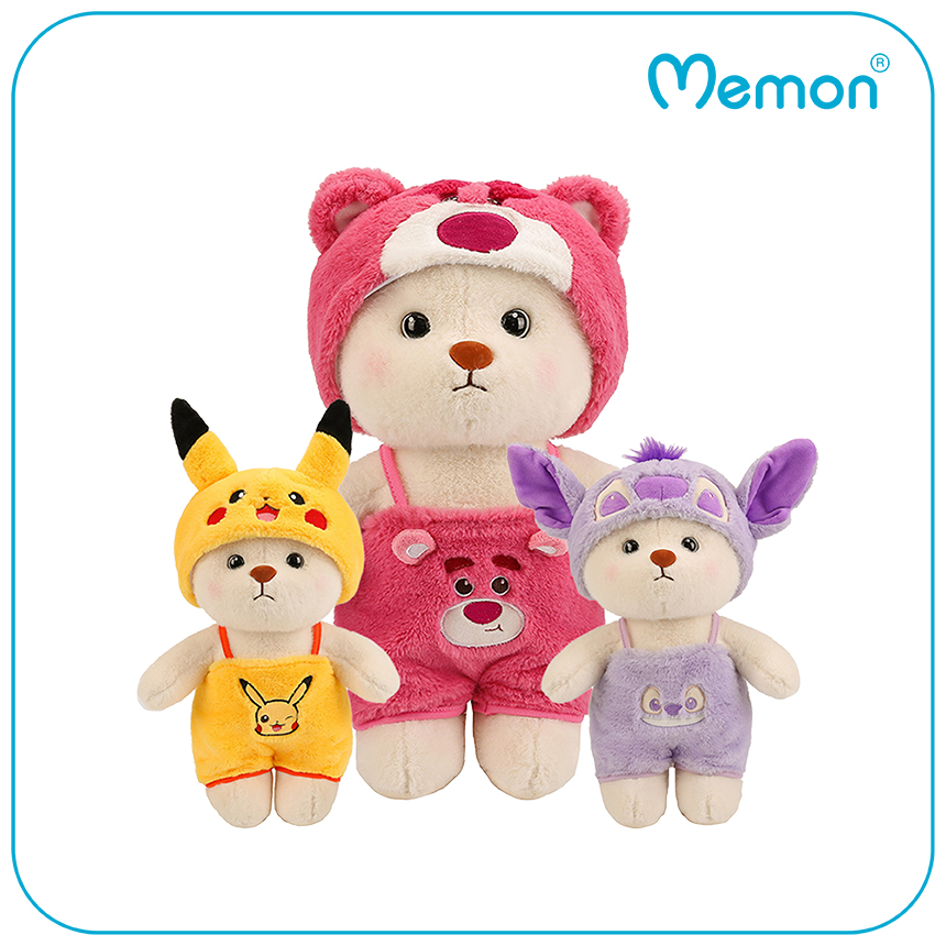 Gấu Bông Teddy Lena Đội Mũ Đeo Yếm Lotso, Stitch, Pikachu Cực Cute 28cm - 55cm Cao Cấp Memon