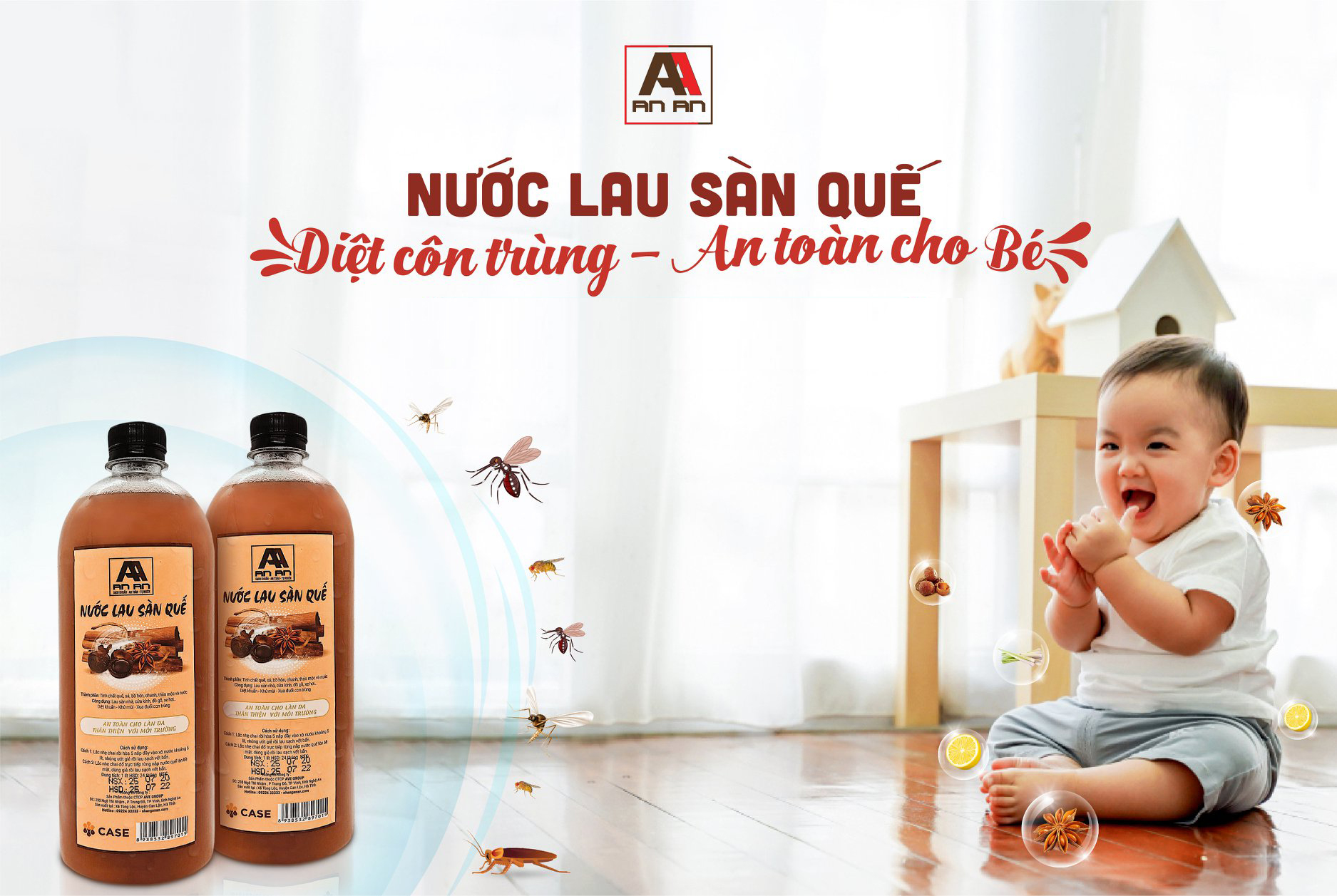 Nước Lau Sàn Organic Hương Quế | Xua Đuổi Côn Trùng | An Toàn Cho Da | Nhà Luôn Thơm Ngát An An