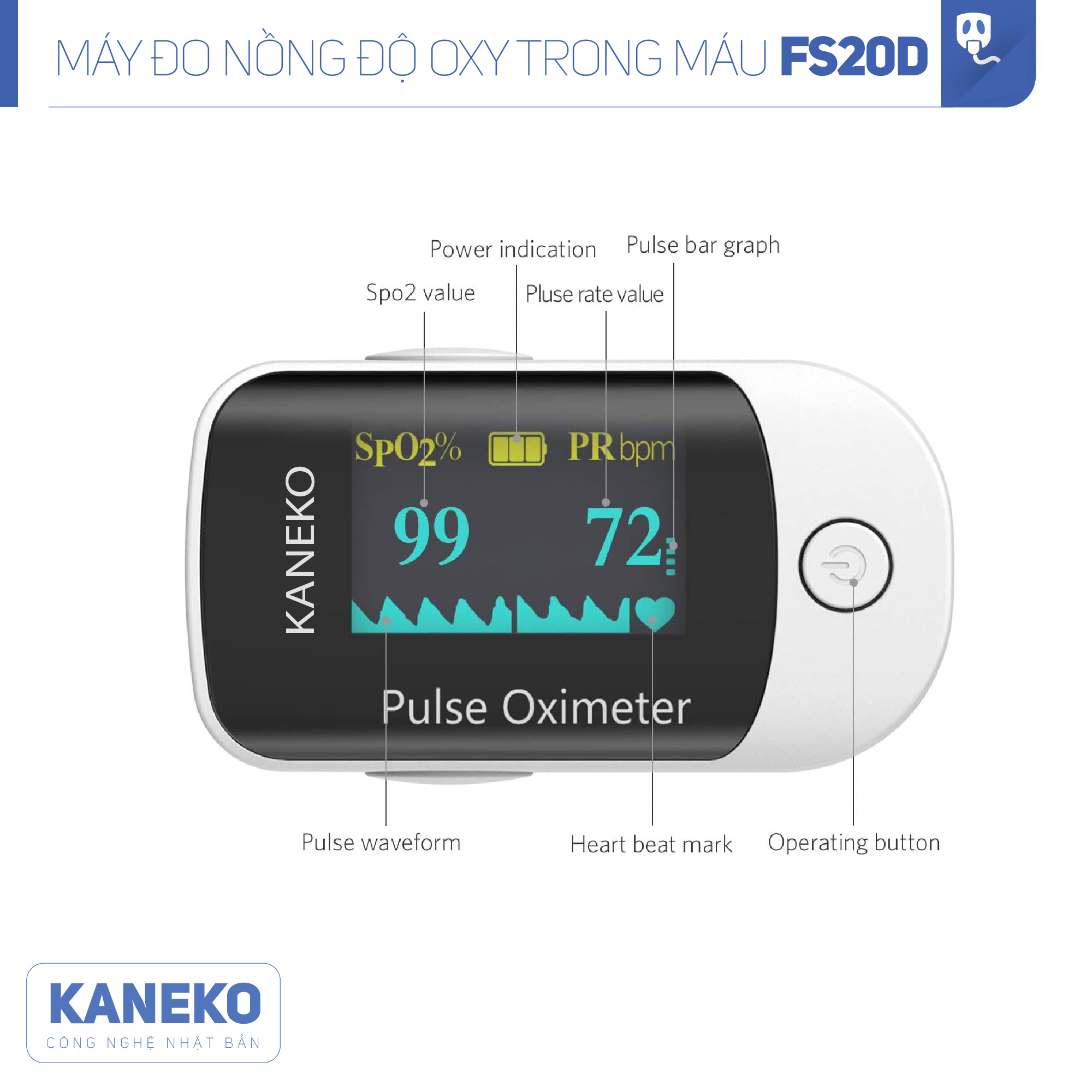 Máy đo nồng độ oxy trong máu KANEKO FS20D,máy đo nồng độ SPO2,máy đo oxy kẹp tay kẹp tai kẹp chân,máy đo khí oxy có màn hình hiển thị rõ ràng,máy đo nhịp tim