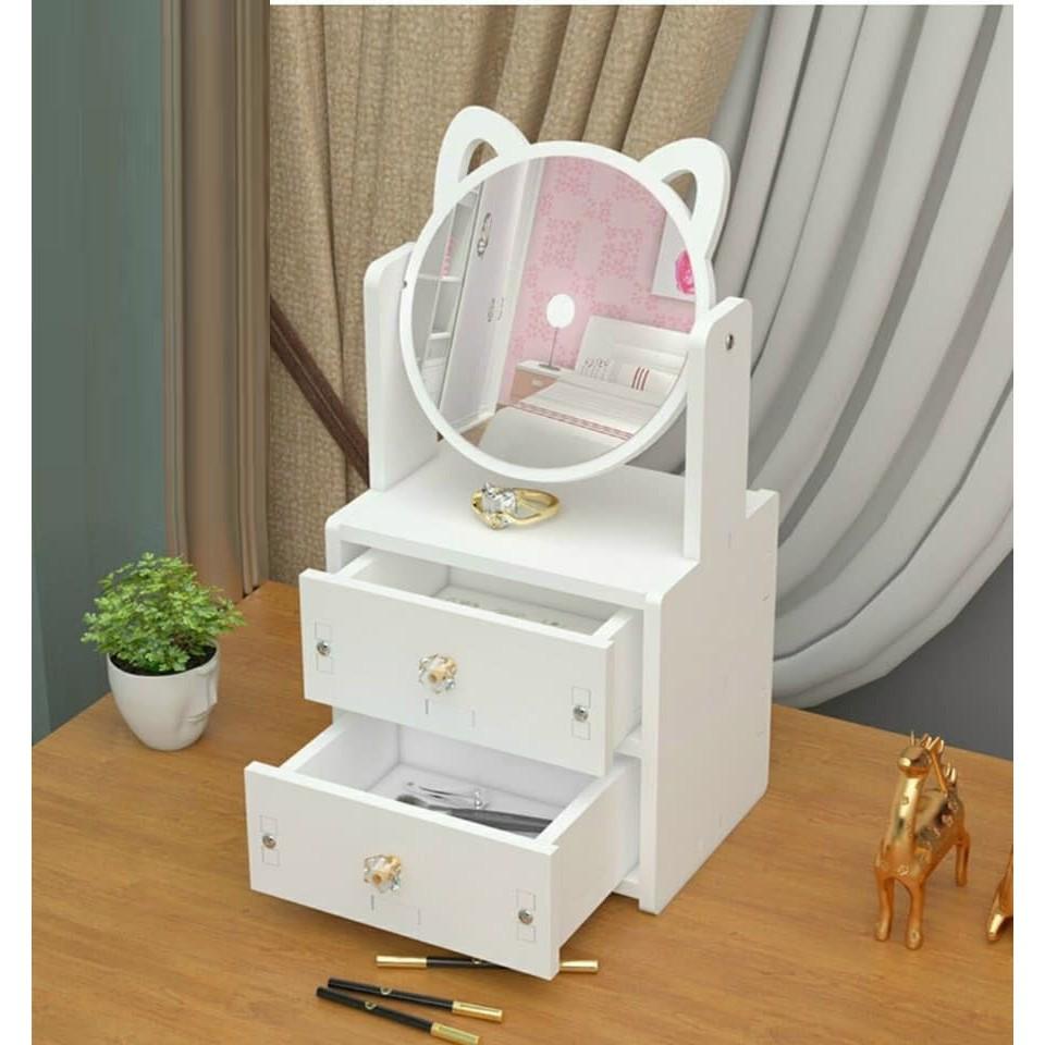 Kệ Gỗ Mỹ Phẩm Để Bàn 2 Ngăn Có Gương Trang Điểm Hình Mèo Kích Thước 27x17x13cm
