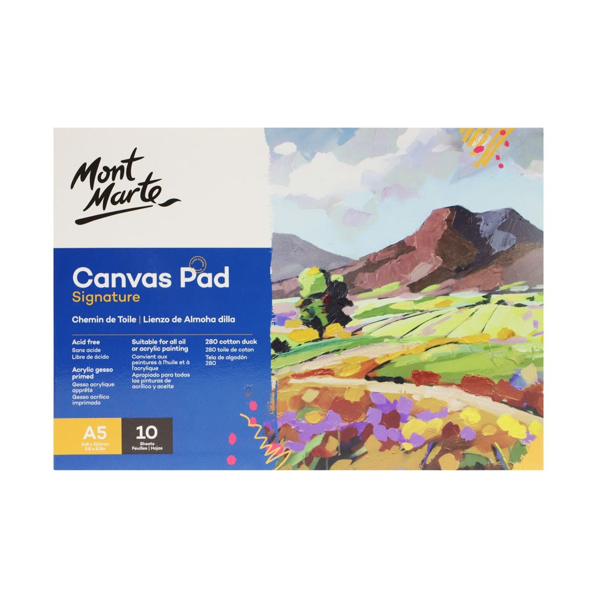 Vải Canvas Dạng Sổ Mont Marte Dùng Để Vẽ Màu Acrylic/ Sơn Dầu - 280GSM - 10 Tờ/Quyển - A3/A4/A5