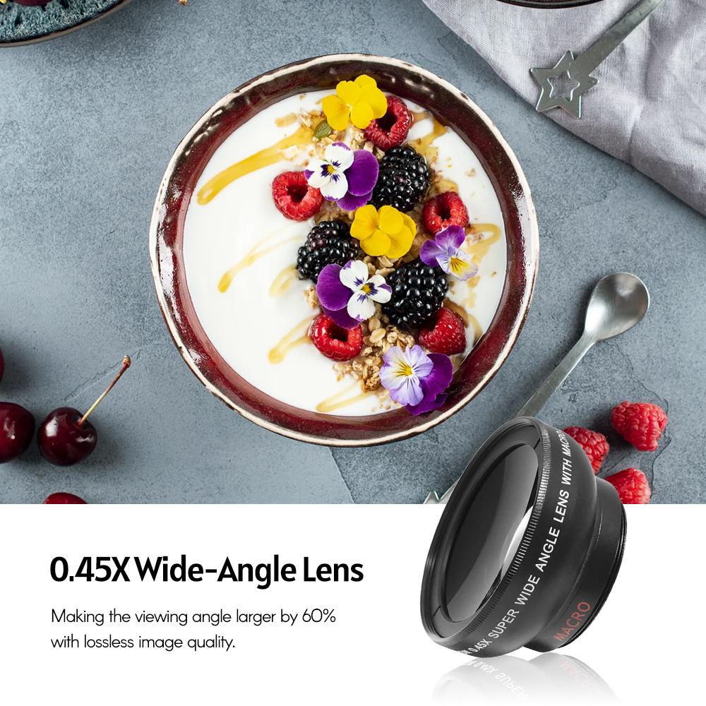 Universal Cell Phone Camera Lens 37mm Thread Smartphone Lens 0.45X 49UV Macro and Wide-angle Lens with Clip