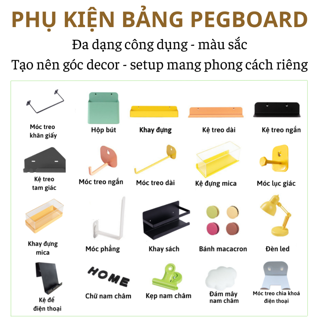 Hộp bút + khay đựng + kệ L ngắn + kệ L Dài + kệ tam giác Dola Home để vật dụng cần thiết - Phụ kiện bảng Pegboard