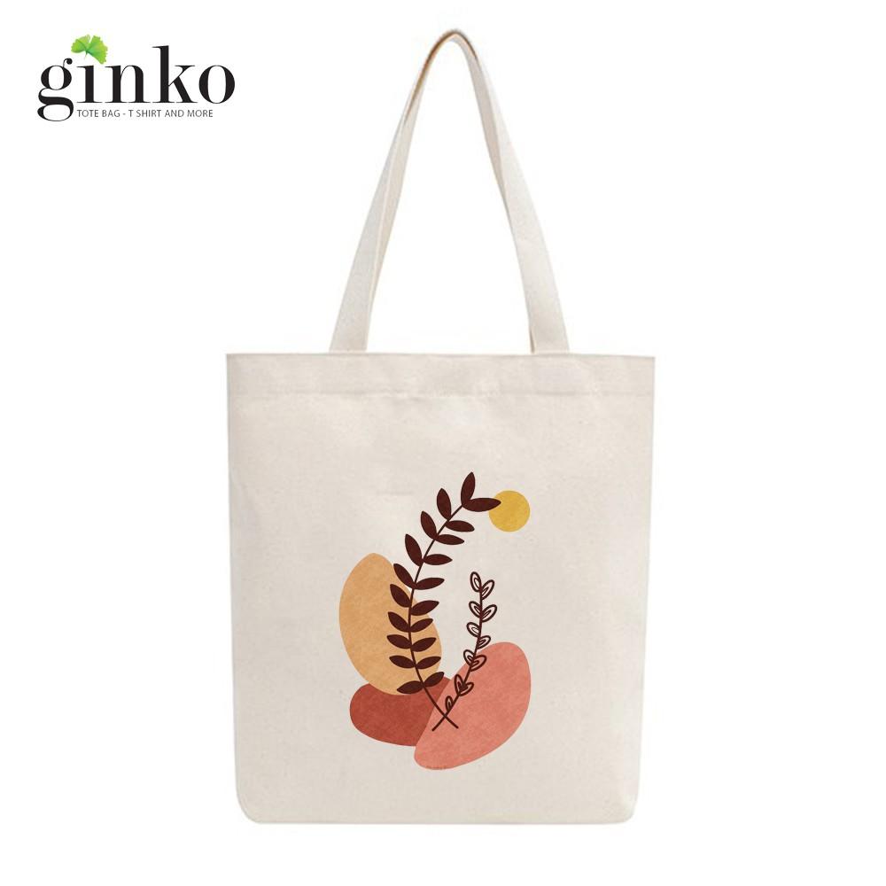 Túi Tote Vải Mộc Ginko kiểu basic có dây kéo khóa miệng túi( có túi con bên trong) đựng vừa laptop 14 inch và nhiều đồ dùng khác In Hình Minimalism Art M15