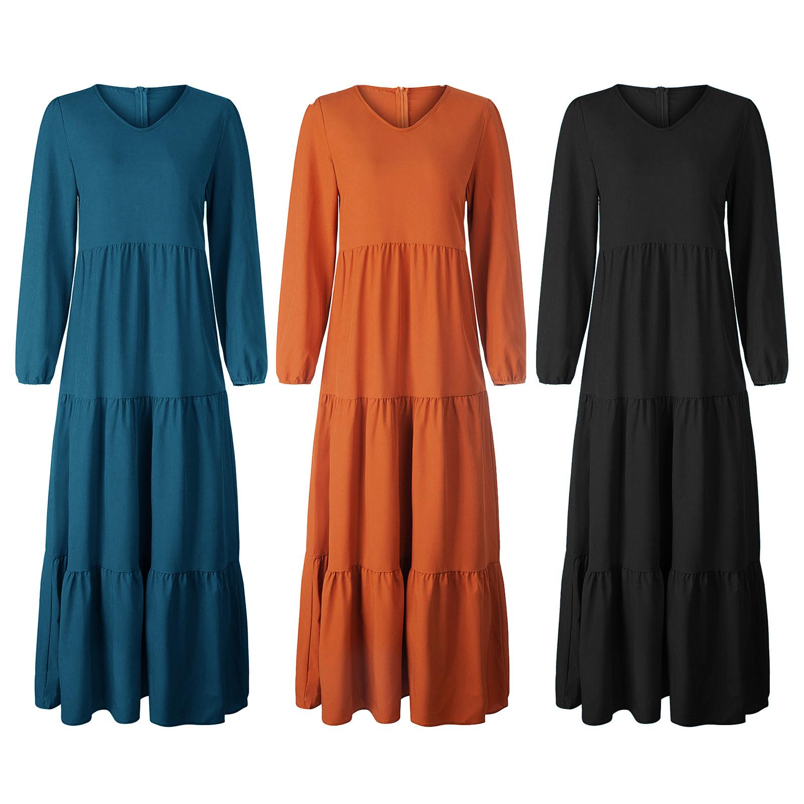 Fashion Women Solid Color Dress V Neck Long Sleeve High Waist Ruched Casual Maxi Dress