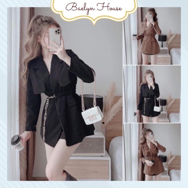 Set áo vest blazer kèm đai màu nâu và đen sang trọng cho nữ