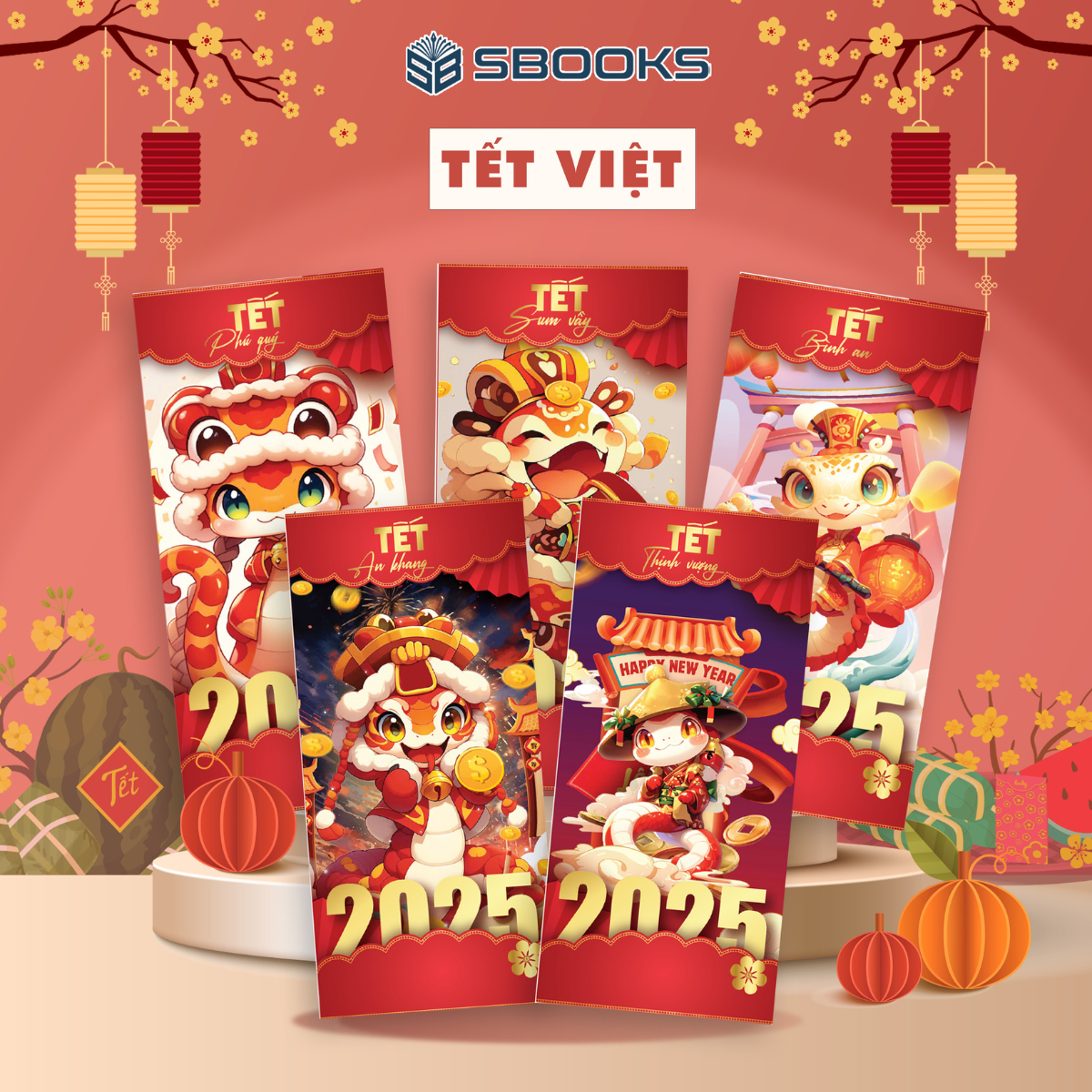 Combo 5 Cái Bao Lì Xì Thiết Kế Họa Tiết Hình Rắn 2025 Giấy Cứng C150 Siêu Dày Dặn - SBOOKS