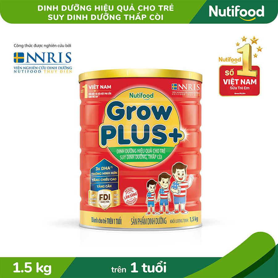 Sữa Bột Nutifood GrowPLUS+ Suy Dinh Dưỡng 1.5kg - Tăng Cân, Tăng Chiều Cao (Lon 1.5kg)