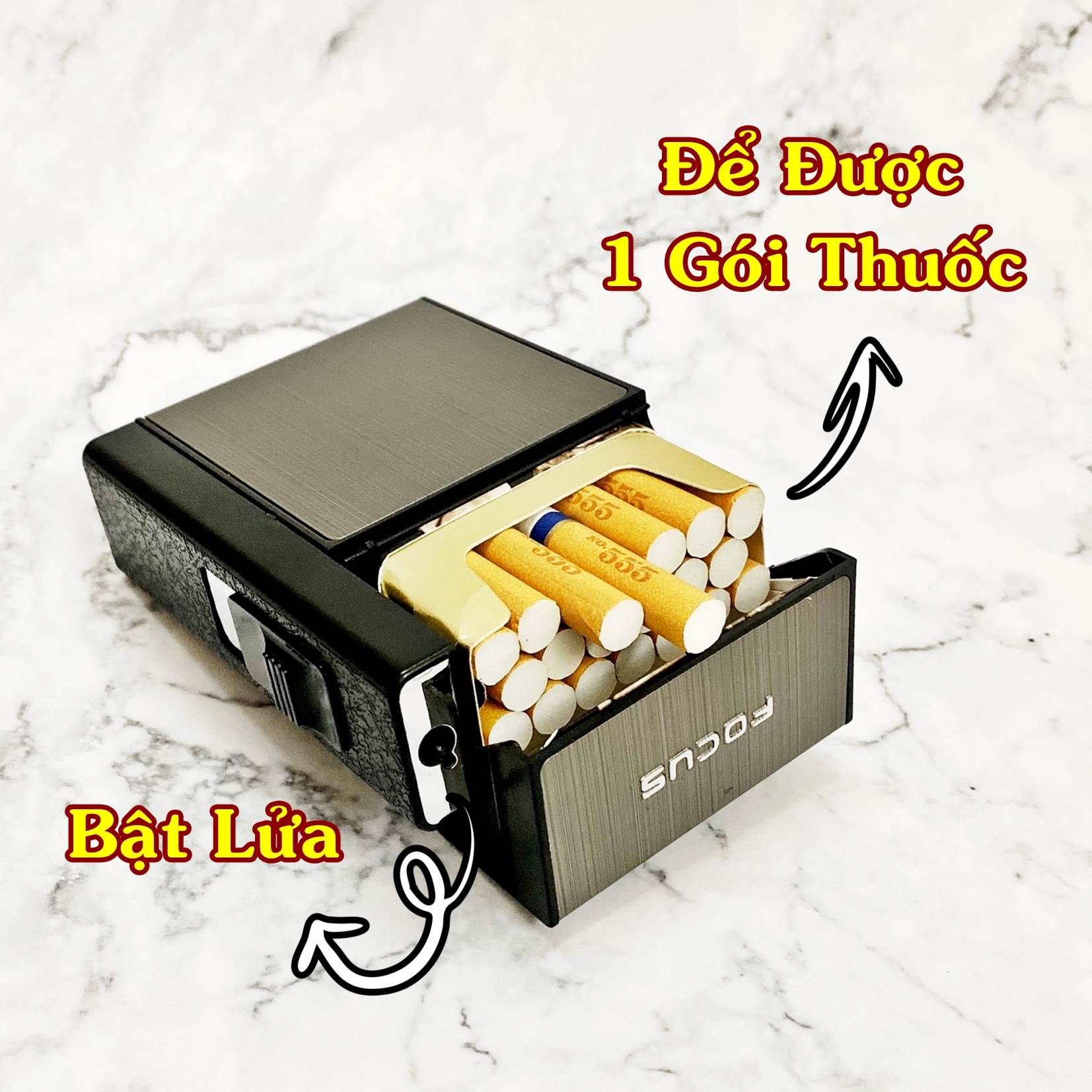 Hộp quẹt bật lửa khè - hộp thuốc focus 2in1 - có thể tháo rời (để được 20 điếu thuốc) - (xài gas)