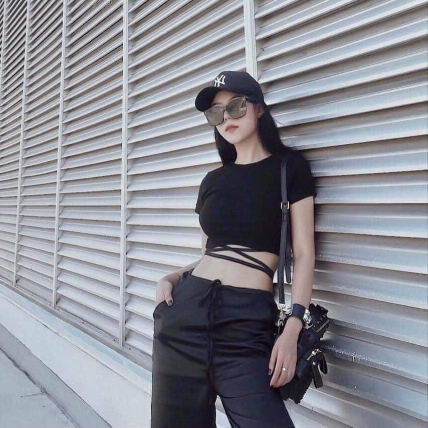 Áo thun croptop cộc tay nữ buộc dây eo sexy - Áo croptop phông thiết kế dây buộc eo điệu đà Ulzzang