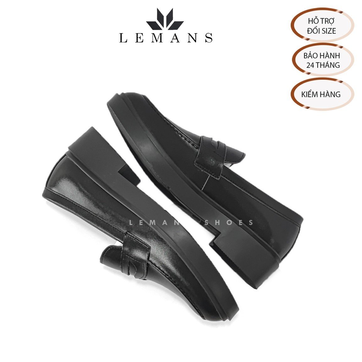 Giày da bò Penny Loafer Black LEMANS PL01D, da bò nguyên tấm, tăng chiều cao 4cm, bảo hành 24 tháng