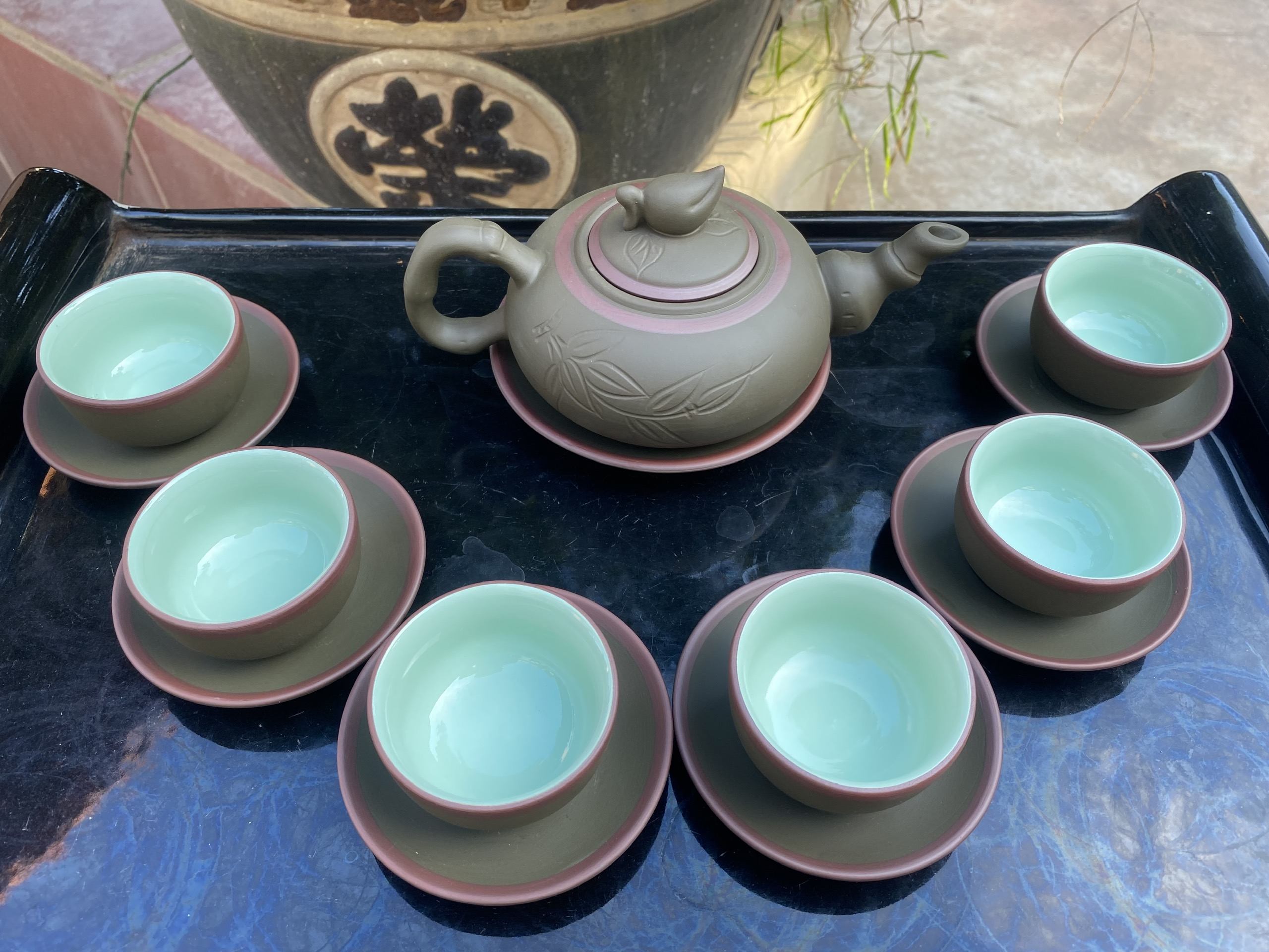 Bộ ấm trà tử sa trúc đào S1 xanh chỉ lòng xanh