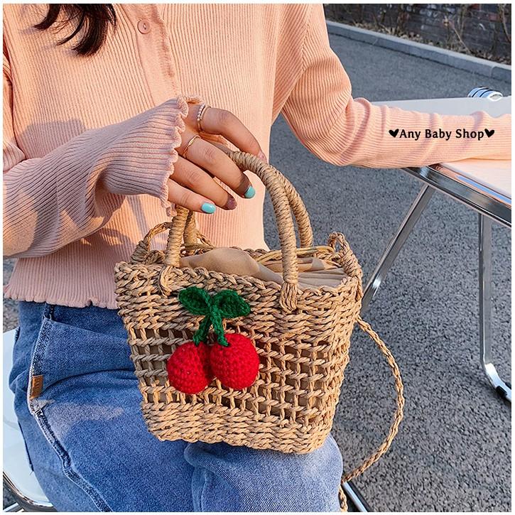 Túi cói đi chơi,đi biển đeo chéo-có quai xách hình cherry 2 màu cực xinh