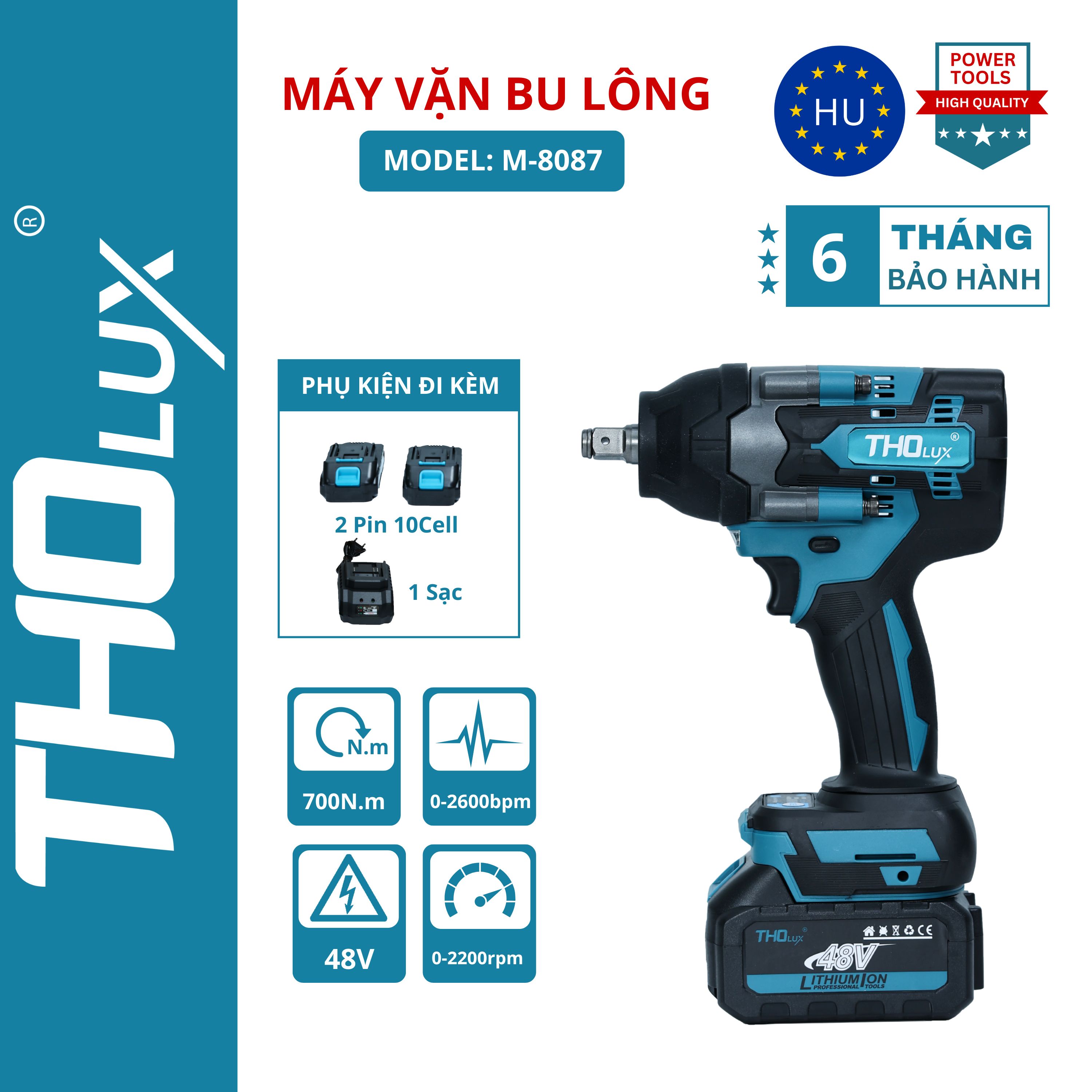 Máy vặn/ bắn Bulong Tholux M-8087 Không Chổi Than, Lực Siết 700N.m Mở Vặn Ốc Xe Tải