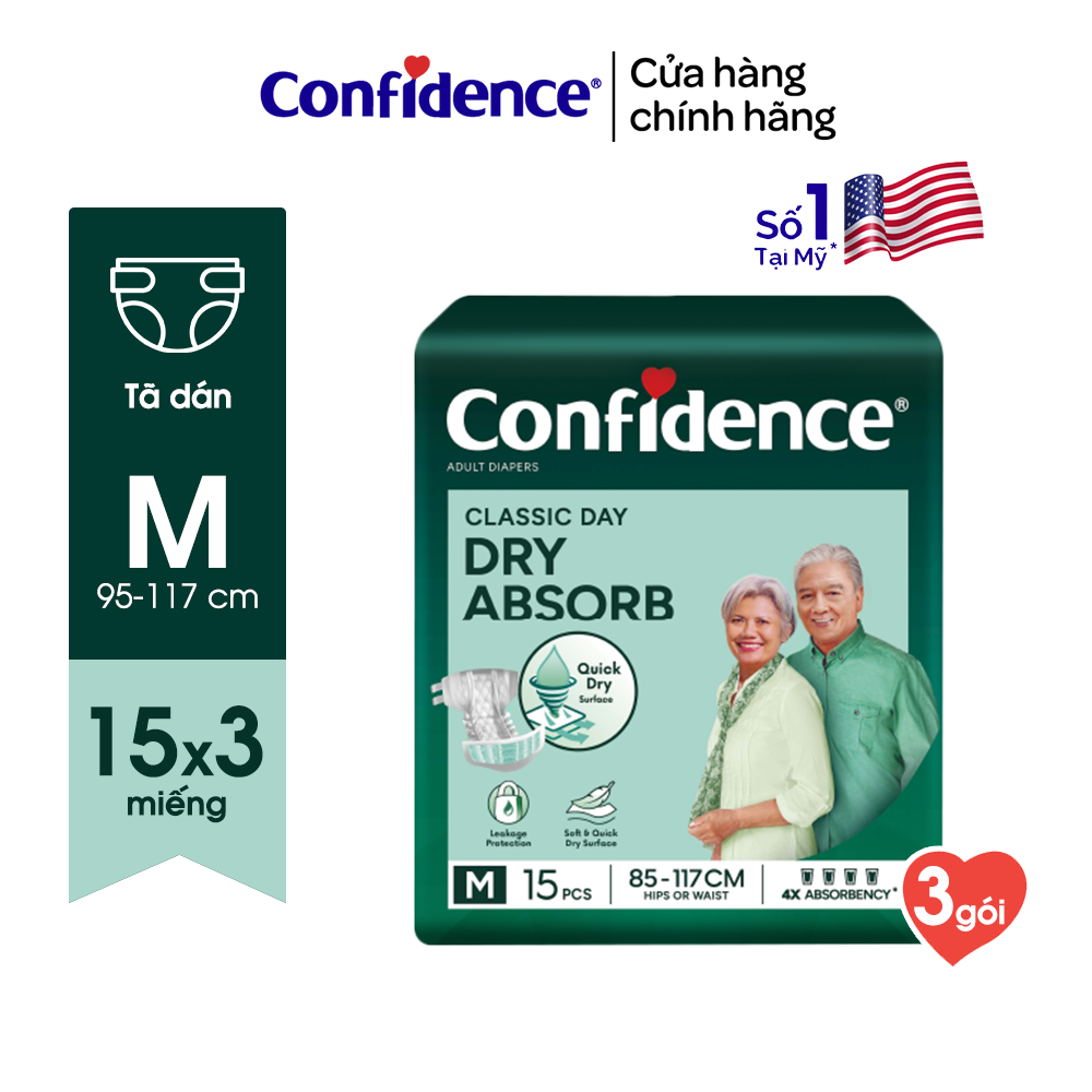 Combo 3 Tã dán người lớn CONFIDENCE CLASSIC DAY size M/L gói 15 miếng