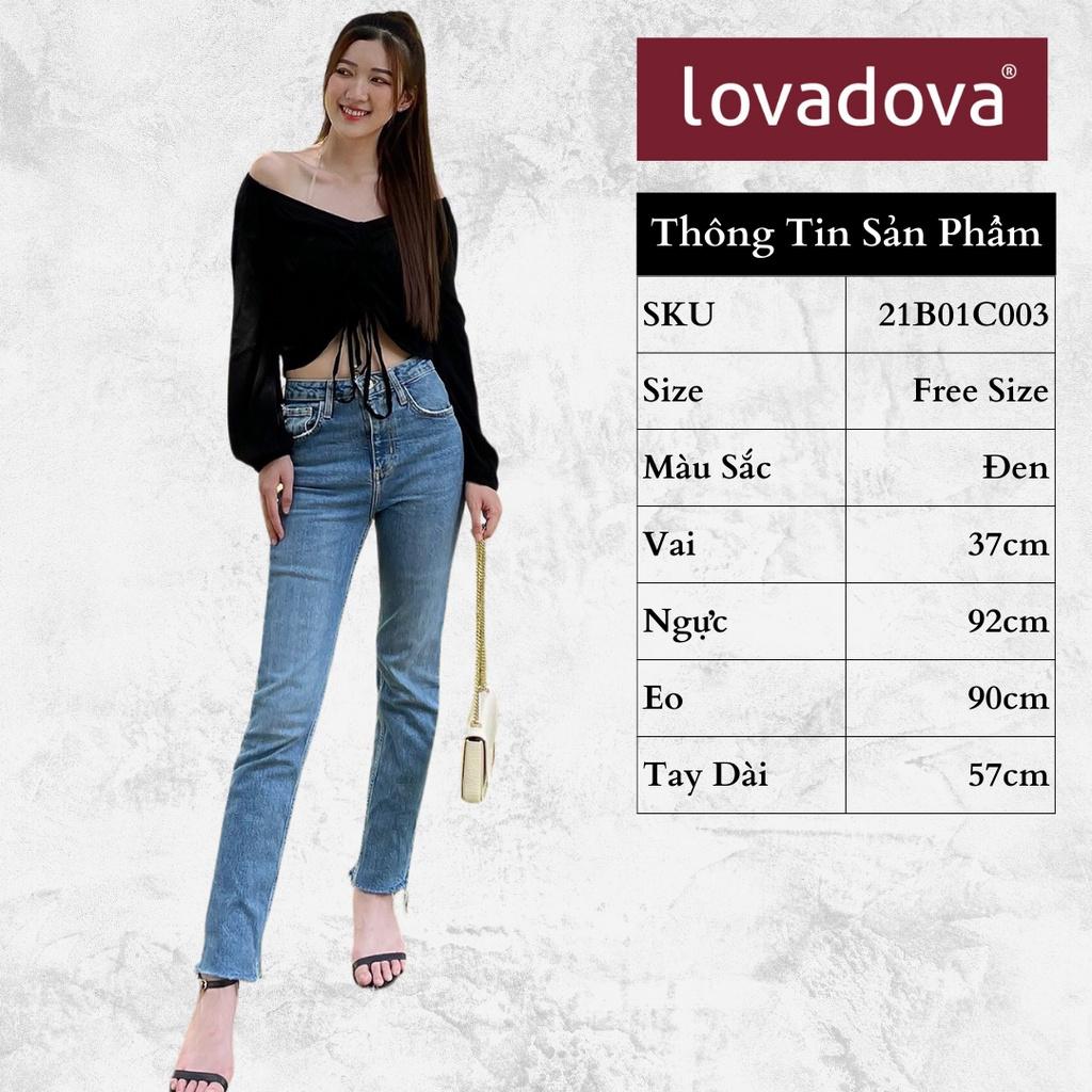 Áo CropTop, Dài Tay, Cách Điệu Trễ Vai, Nhún Trước Ngực, Màu Đen - Lovadova 21B01C003