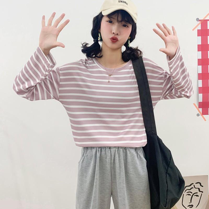 Áo Thun Nữ Tay Dài Họa Tiết Kẻ Sọc Ngang Thời Trang