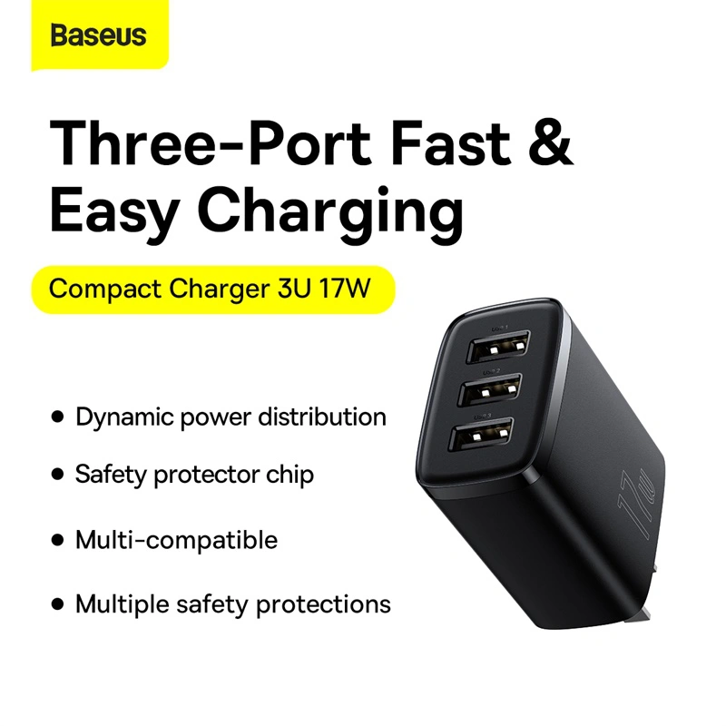 Cóc củ sạc nhanh 17W đa năng 3 cổng USB A hiệu Baseus Compact Charger 3U trang bị chip sạc thông minh,  công nghệ tản nhiệt BCT, chân cắm US-UK - hàng nhập khẩu