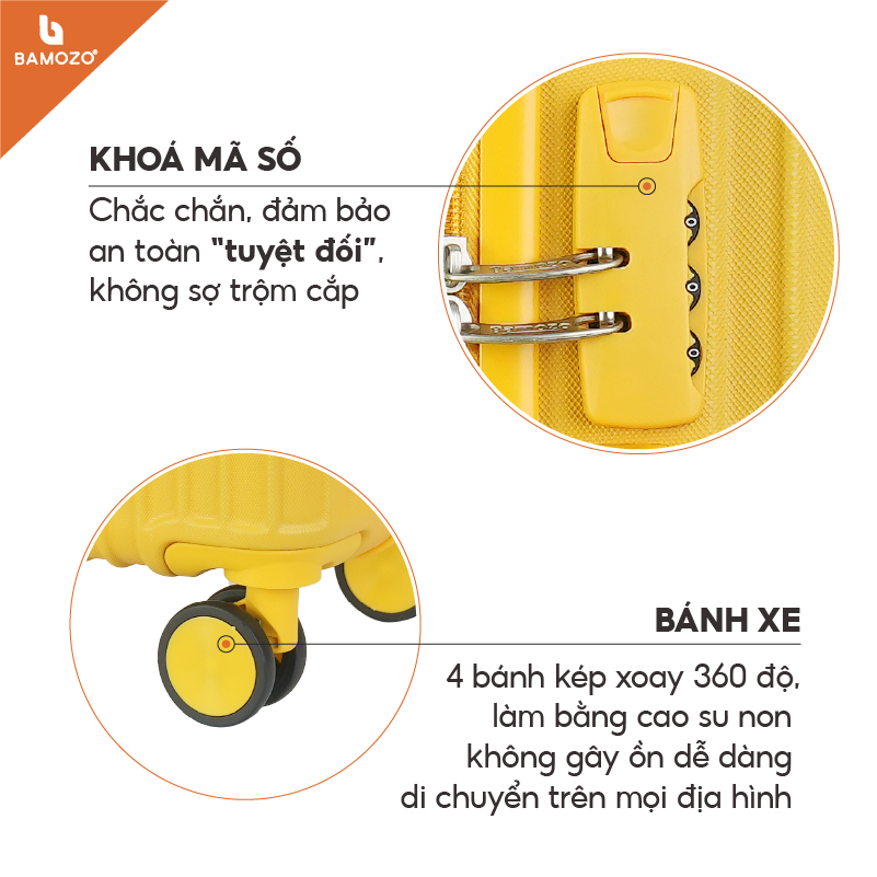 Vali du lịch BAMOZO 8801 MÀU VÀNG size 20/24, vali kéo nhựa được bảo hành 5 năm.