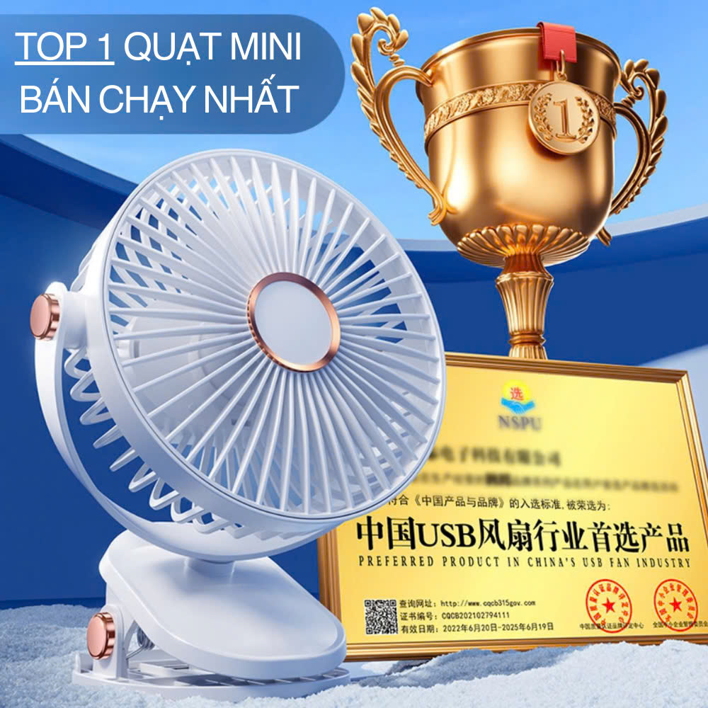Quạt Tích Điện Mini Để Bàn, Quạt Kẹp Bàn, Kẹp Xe Đẩy Cho Bé Xoay 360 Độ Pin Sạc Tiện Lợi 5 Cấp Độ