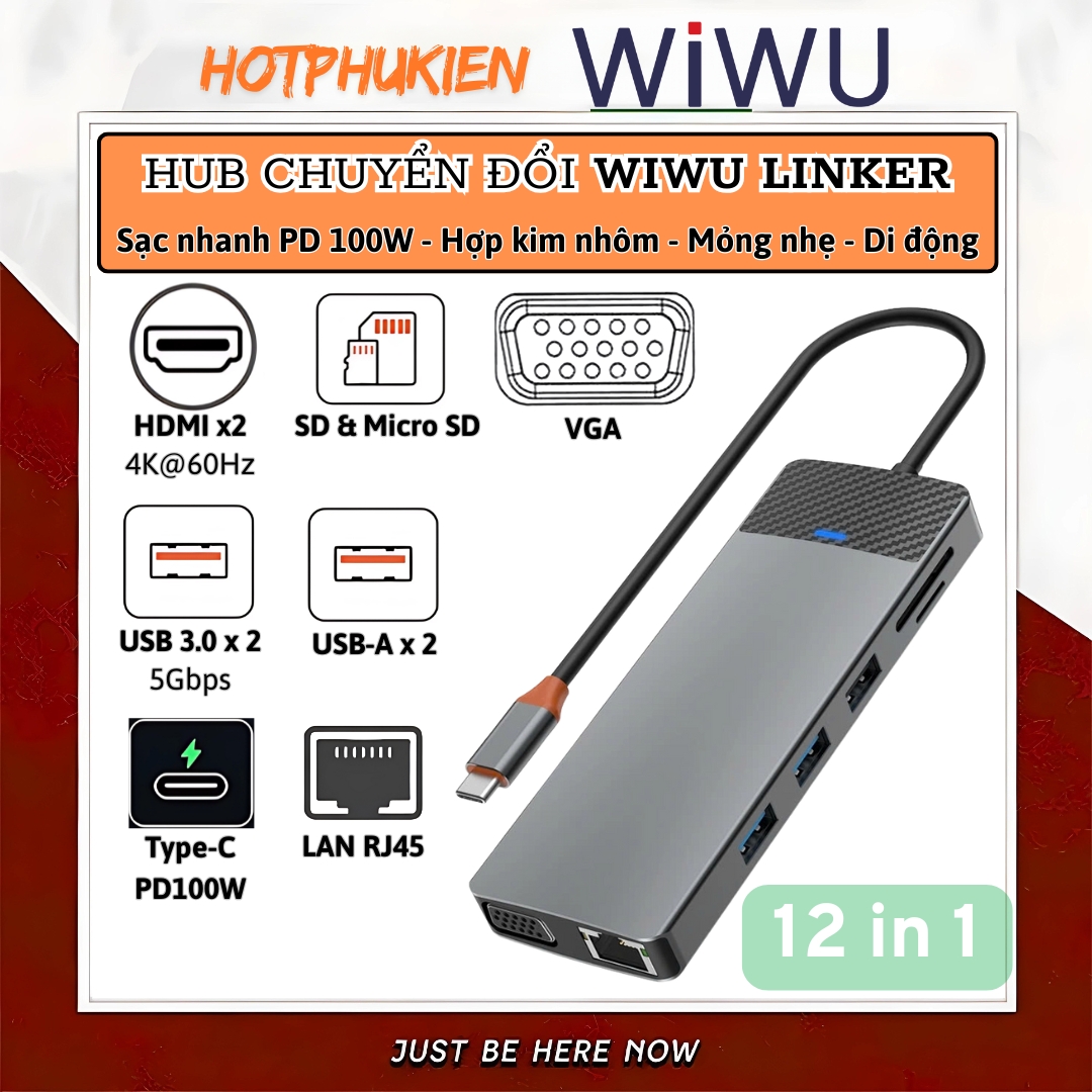 Hub chuyển đổi chia cổng USB-C 12in1 sạc nhanh 100W trang bị USB 3.0 +PD Type-C + Micro SD, SD + HDMI 4K@60Hz, LAN RJ45, VGA hiệu WIWU Linker 12in1 cho Macbook Laptop cho iPhone - Hợp kim nhôm, vừa sạc vừa xuất màn hình và truyền dữ liệu - Hàng nhập khẩu