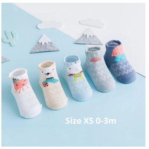 Set 5 đôi tất lưới cổ thấp cho bé 0-2 tuổi chất cotton chống trơn trượt hình thú lạ mắt phối màu xinh xắn – T013 - bé trai - Size XS 0-3m