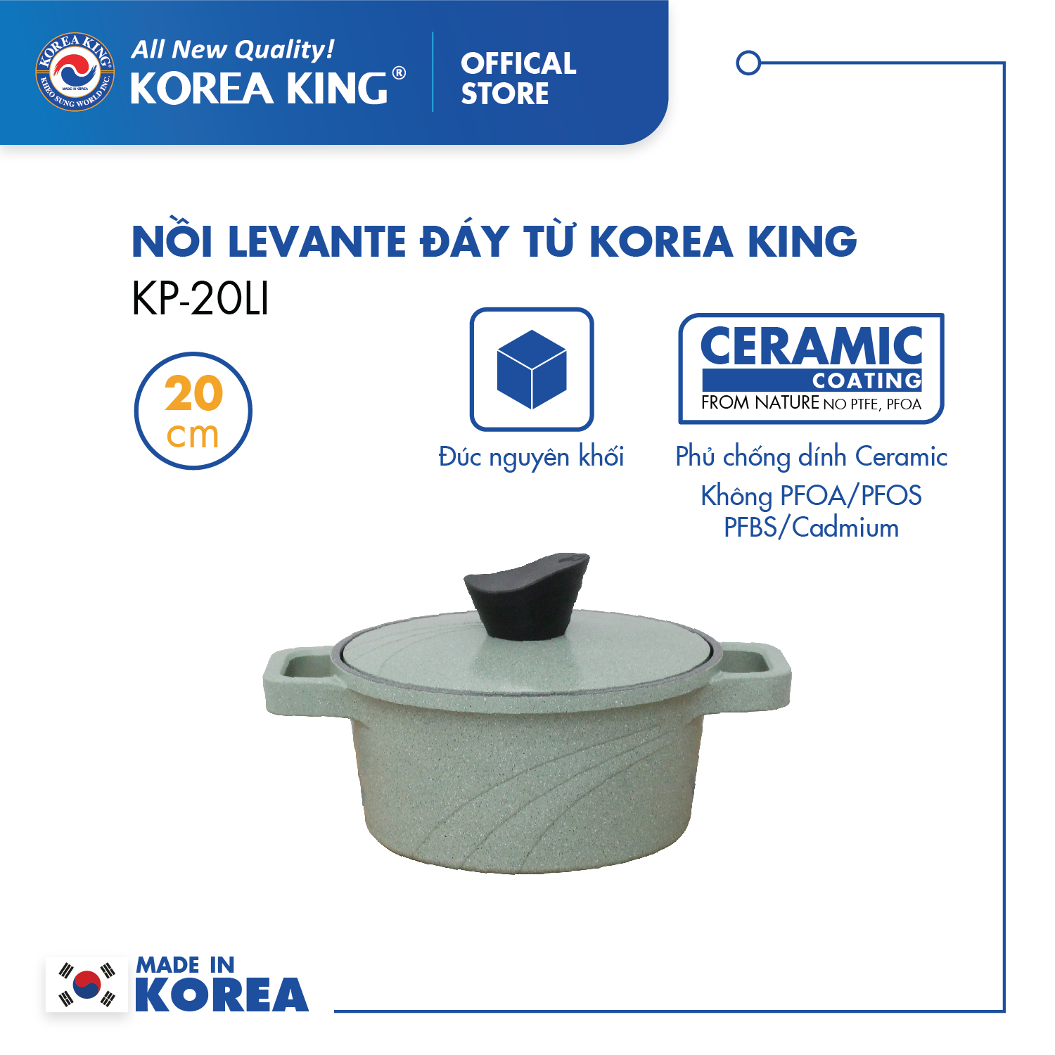 Nồi nấu Levante đáy từ Korea King KP-20LI(Nồi, nắp bằng nhôm đúc, phủ men chống dính Ceramic, Ø20cm)