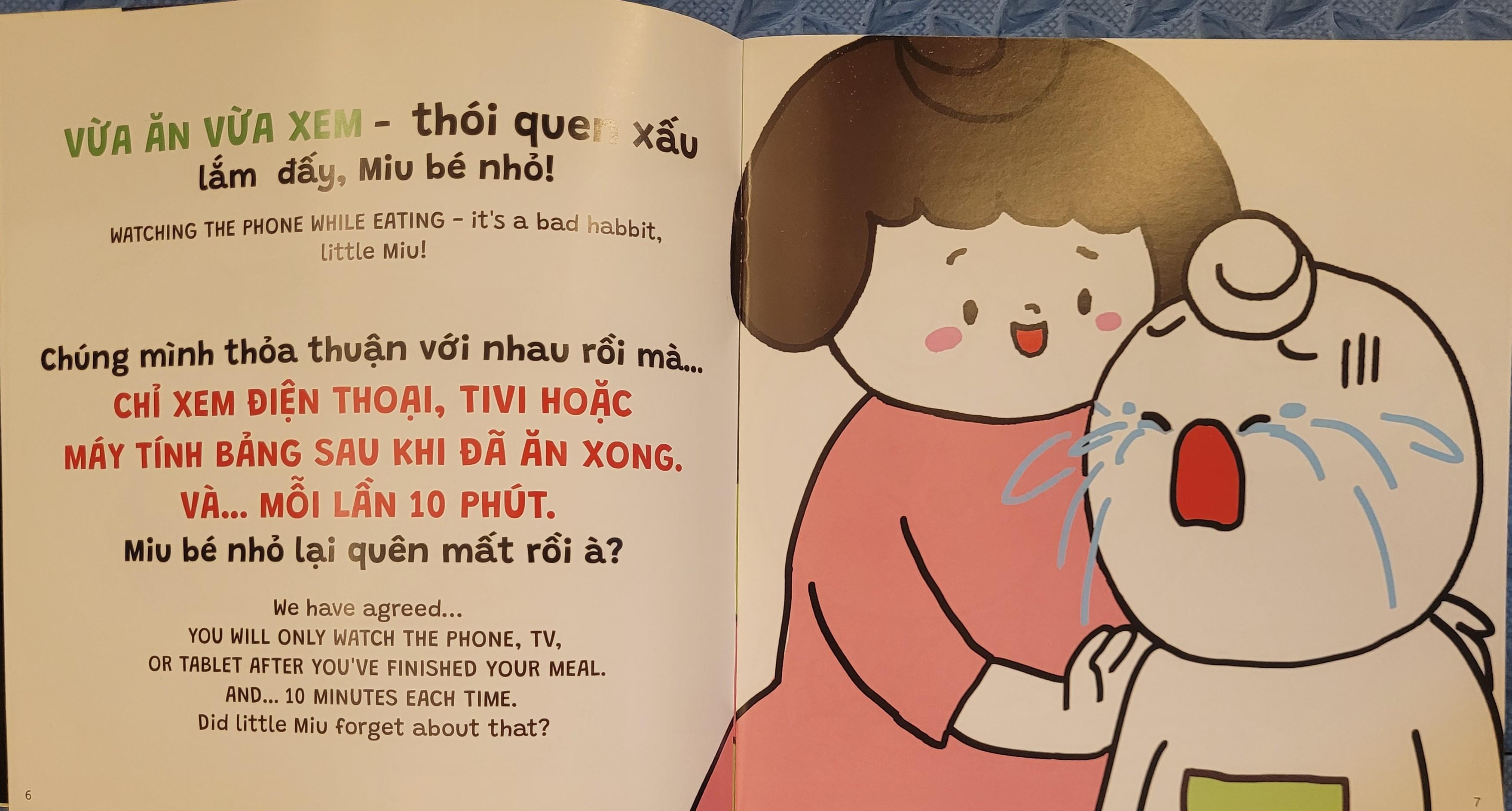 Sách Ehon Miu Bé Nhỏ Phần 4 Song Ngữ - Miu Bé Nhỏ Đừng Vừa Ăn Vừa Xem Điện Thoại Nhé