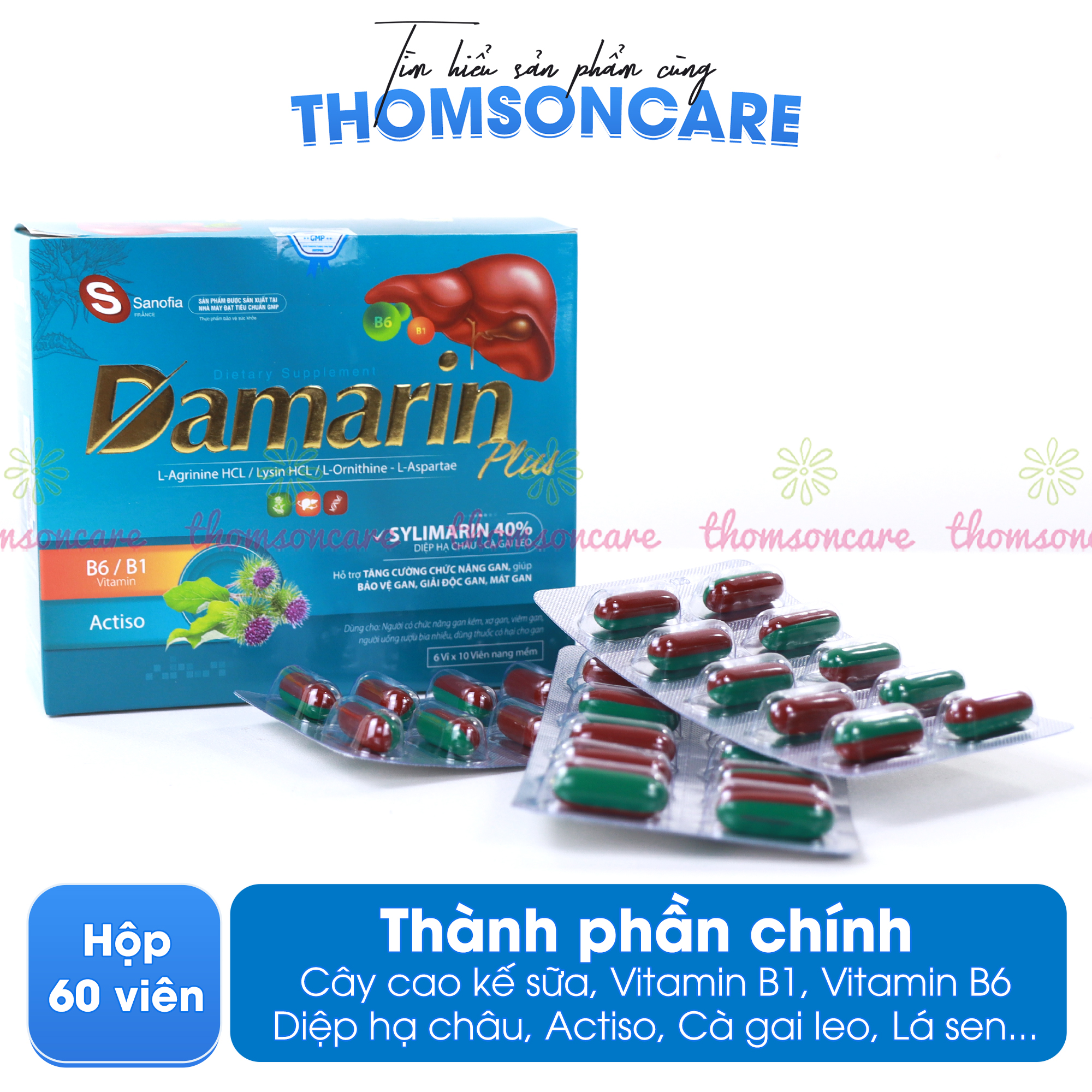 Viên uống bổ gan Damarin Plus - Hỗ trợ giải độc gan, hạ men gan, gan nhiễm mỡ, mát gan từ thảo dược - Hộp 60 viên Thomsoncare