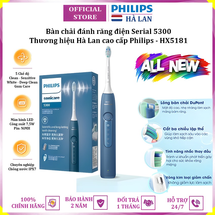 Bàn chải đánh răng điện Sonicare ProtectiveClean serial 5300 thương hiệu Hà Lan cao cấp Philips HX5181 - Hàng nhập khẩu