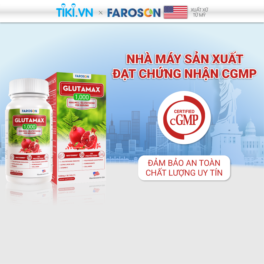 Combo 4 hộp Viên Uống Trắng Da Glutathione Giảm Nám Chống Nắng Faroson Glutamax 4 x 30 viên