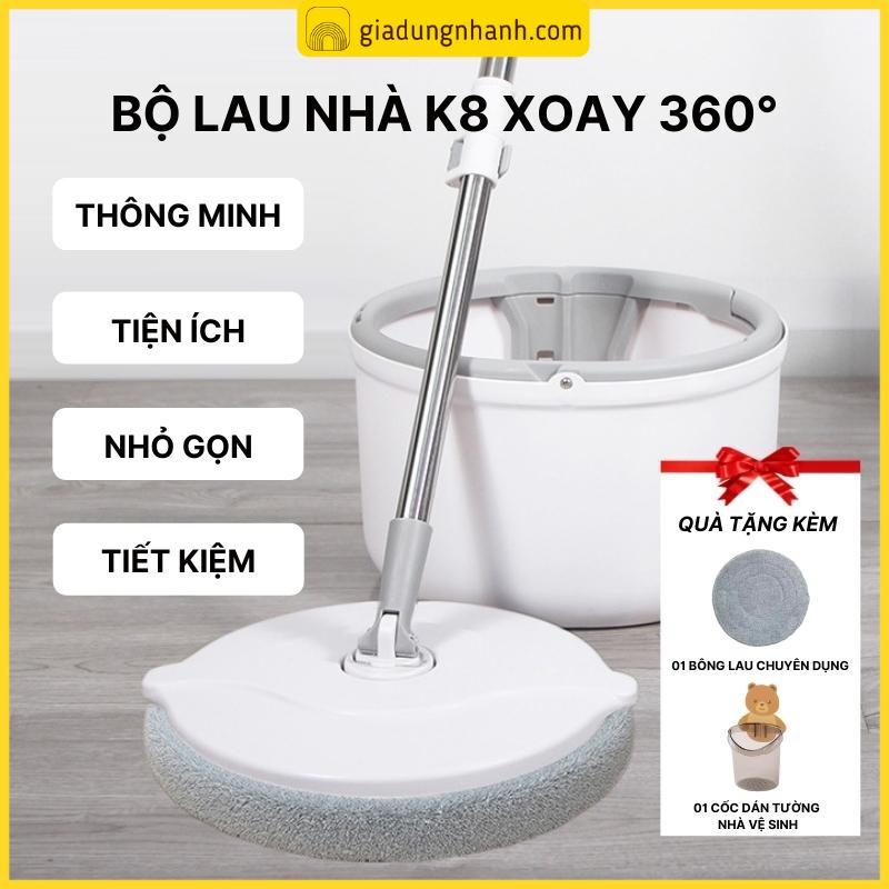 Bộ Cây Lau Nhà Thông Minh Có Thùng Vắt Xoay Tròn Nhựa PP, Cán Inox Dài 134cm, Miếng lau 25cm