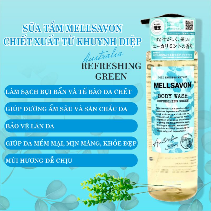 Sữa Tắm Trắng Da Chiết Xuất Từ Lá Khuynh Diệp Mellsavon Body Wash Refreshing Green 460ml (Combo 460ml Và 24ml)