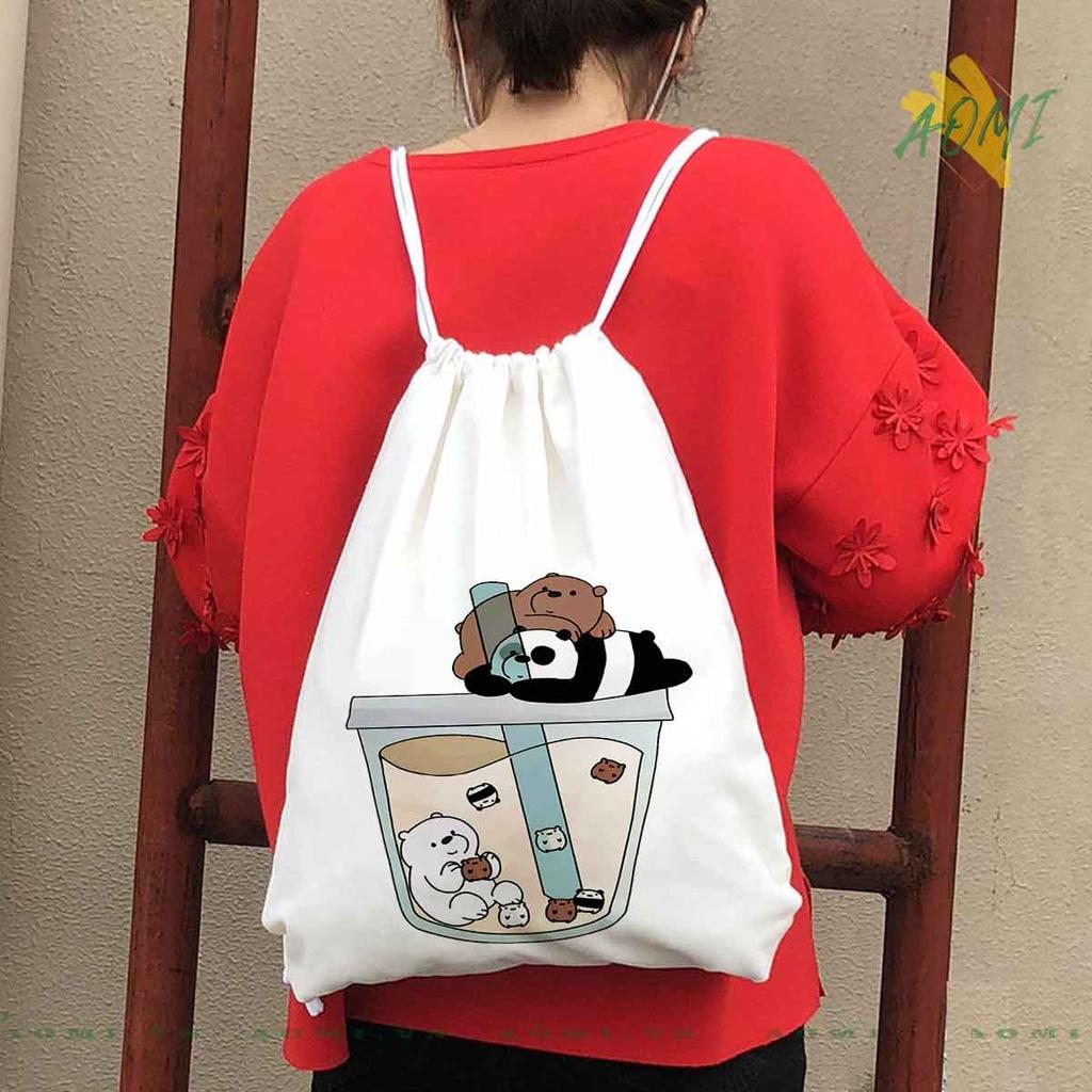 BALO MINI GẤU WE ARE BEARS AOMIVN DÂY RÚT ĐEO VAI 33x38cm NHỎ XINH UNISEX CHẤT CANVAS CUTE TIỆN ÍCH DU LỊCH ĐEN TRẮNG