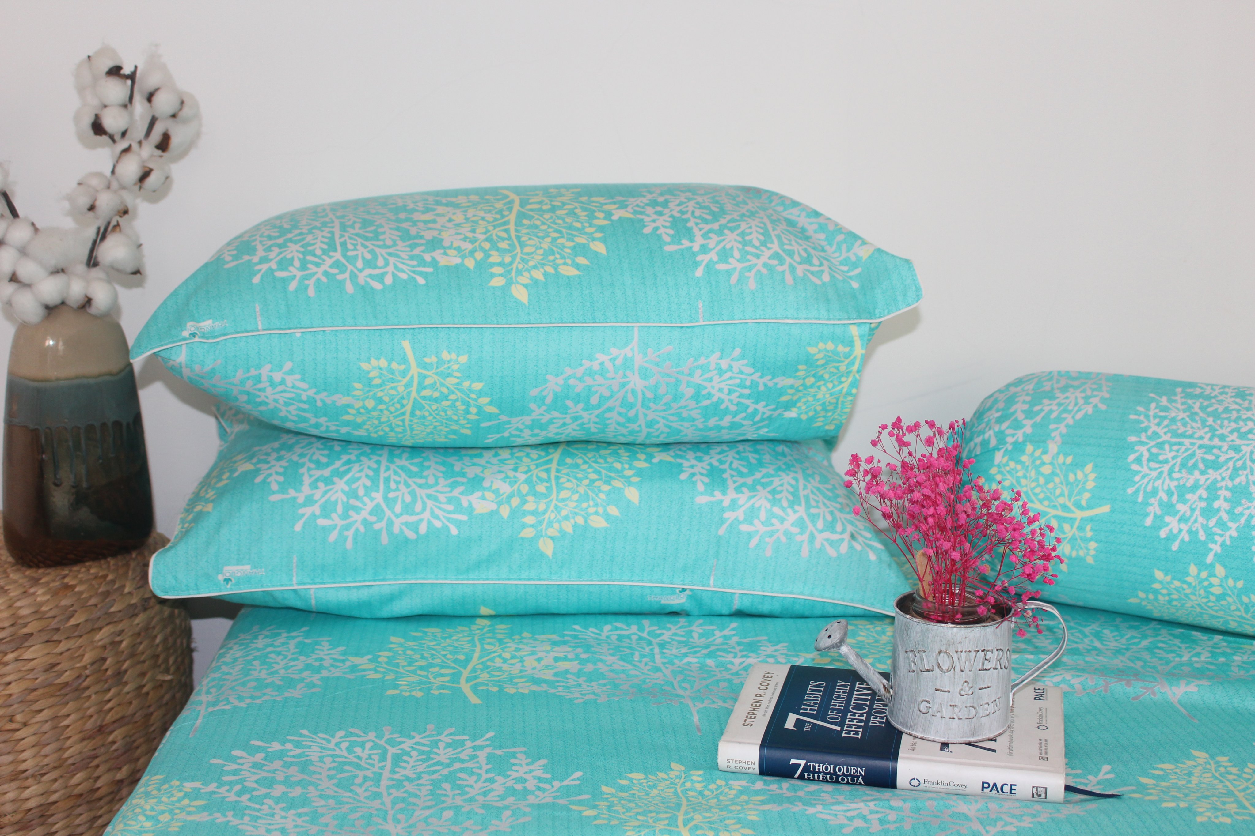 Bộ Drap Gối Cotton -Mẫu San Hô Ngọc vải dày dặn, mát mẻ, siêu thấm mồ hôi
