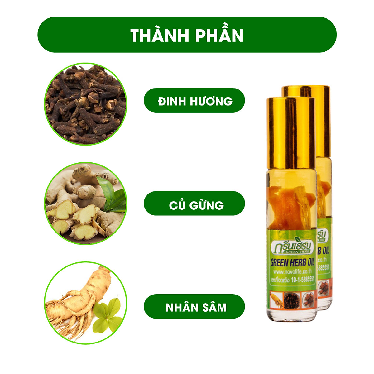 Bộ 12 Chai Dầu Lăn Thảo Dược Nhân Sâm Green Herb Oil Thái Lan 8ml