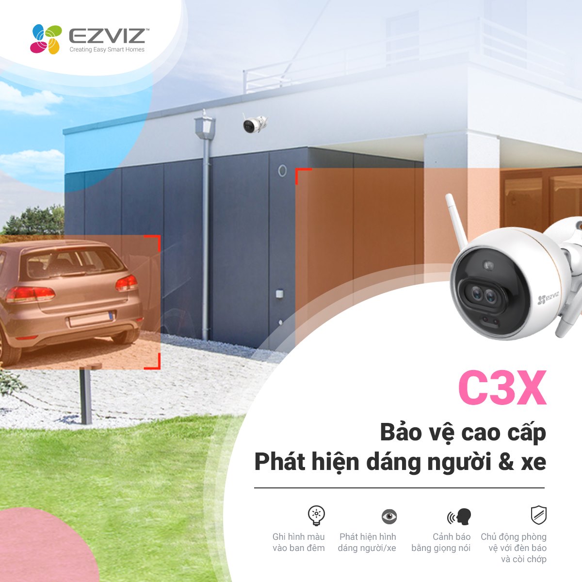 Camera EZVIZ C3X 1080P, WI-FI Không Dây, IP67 Ngoài Trời, Ghi Gình Ban Đêm Có Màu Không Cần Đèn, Tích Hợp AI Phát Hiện Hình Dáng Người/ Xe, Chuẩn Nén Video H.265--Hàng Chính Hãng