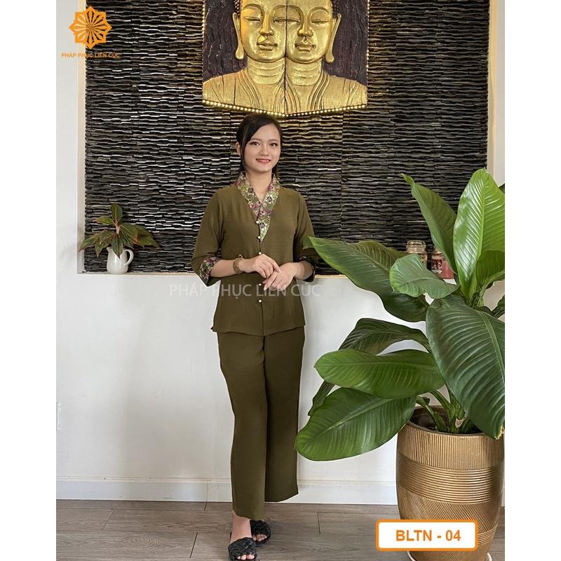 Đồ lam đi chùa nữ - Pháp phục mẫu Bà Lai nút ngọc phối gấm cao cấp, bền màu không nhăn xưởng may Liên Cúc