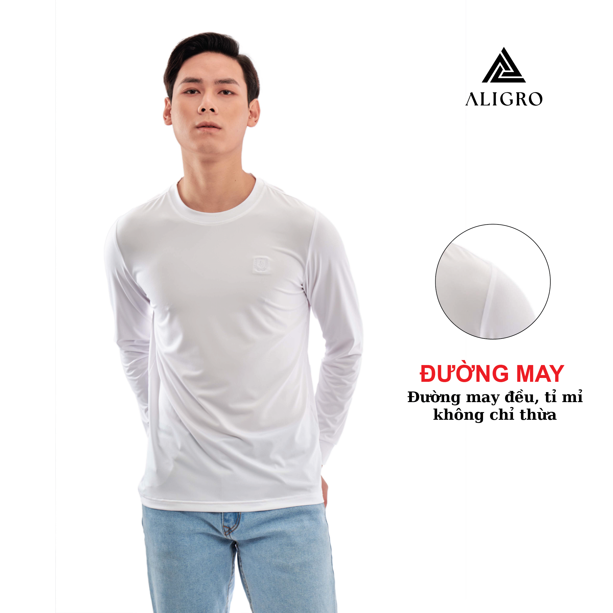 Áo thun nam dài tay ALIGRO màu trắng, chất thun cao cấp nhẹ, co giãn 4 chiều ALGAPD066